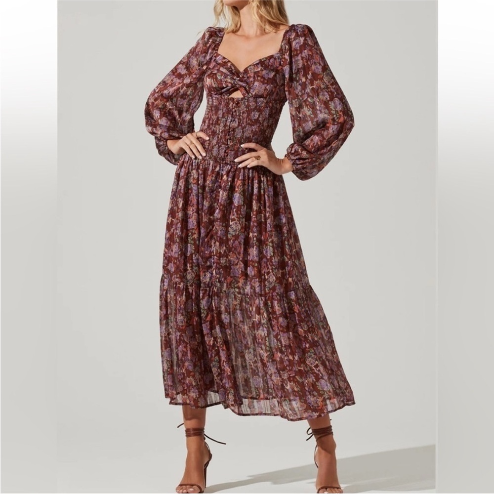 ASTR the Label Arlette Burgundy Floral Smocked Boho Midi Dress, size L